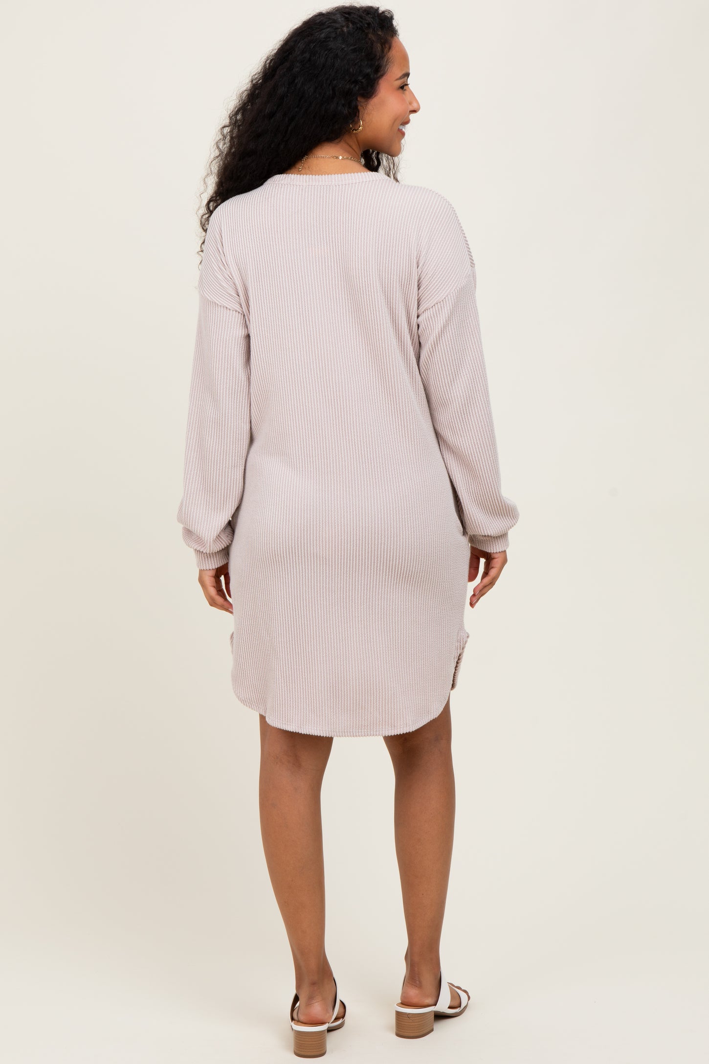 Beige Rib Knit Long Sleeve Maternity Dress