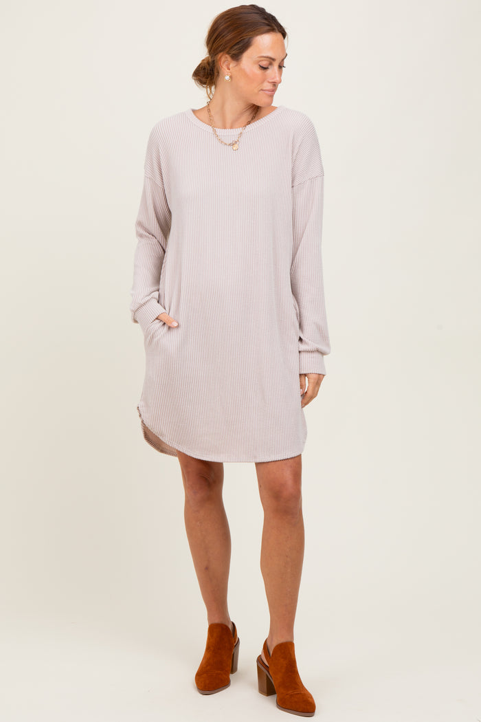 Beige Rib Knit Long Sleeve Dress