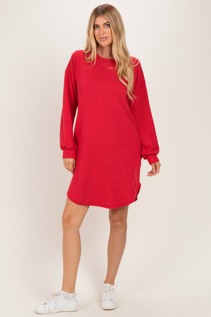 Red Rib Knit Long Sleeve Maternity Dress