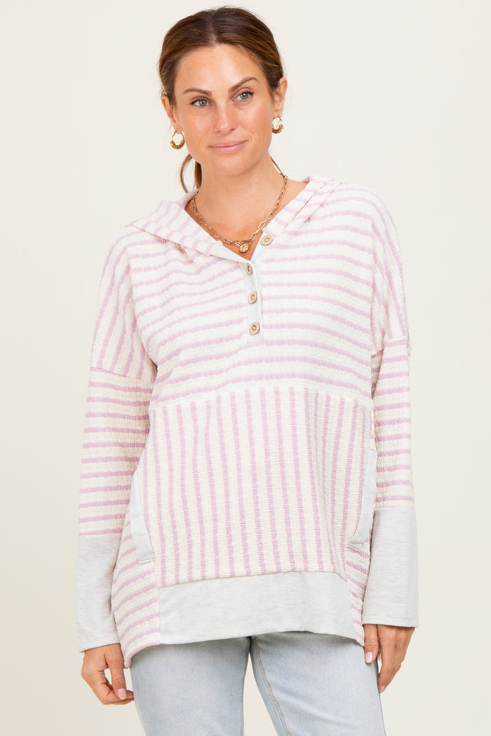 Light Pink Textured Stripe Button Up Maternity Hoodie