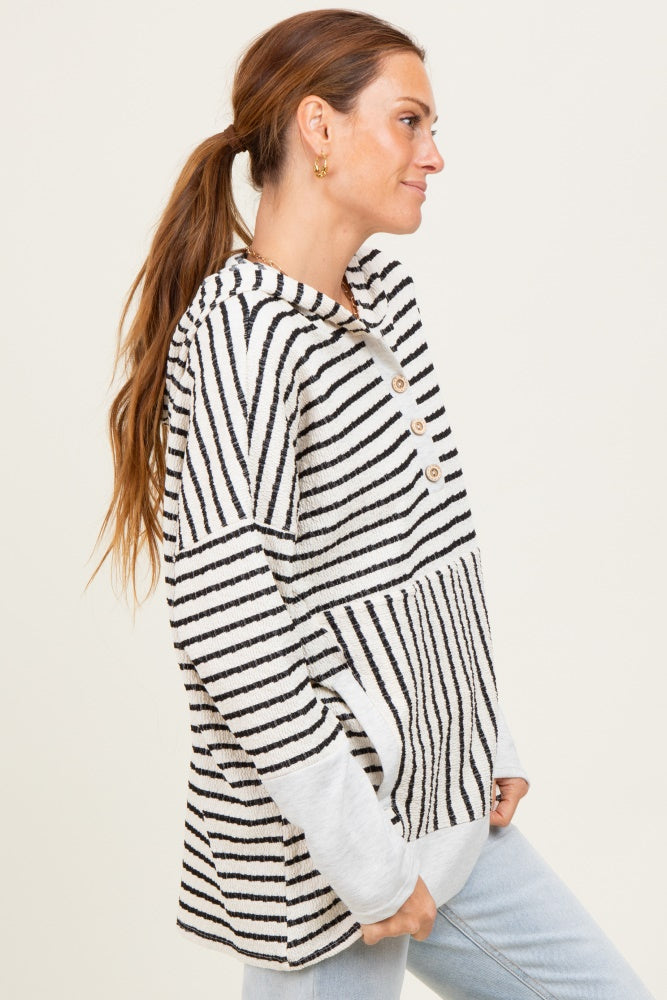 Cream Textured Stripe Button Up Hoodie