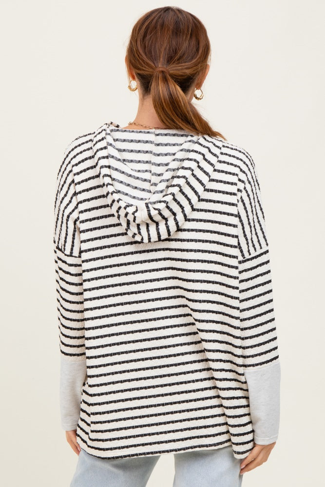 Cream Textured Stripe Button Up Hoodie