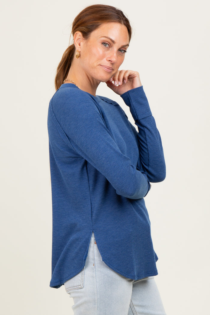 Light Navy Baby Waffle Knit Long Sleeve Top