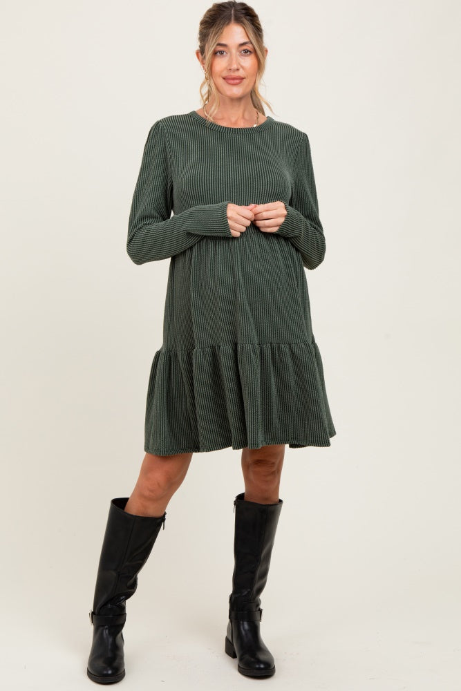 Olive Textured Rib Tiered Long Sleeve Maternity Dress