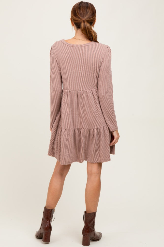 Taupe Textured Rib Tiered Long Sleeve Dress