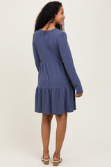 Navy Textured Rib Tiered Long Sleeve Maternity Dress