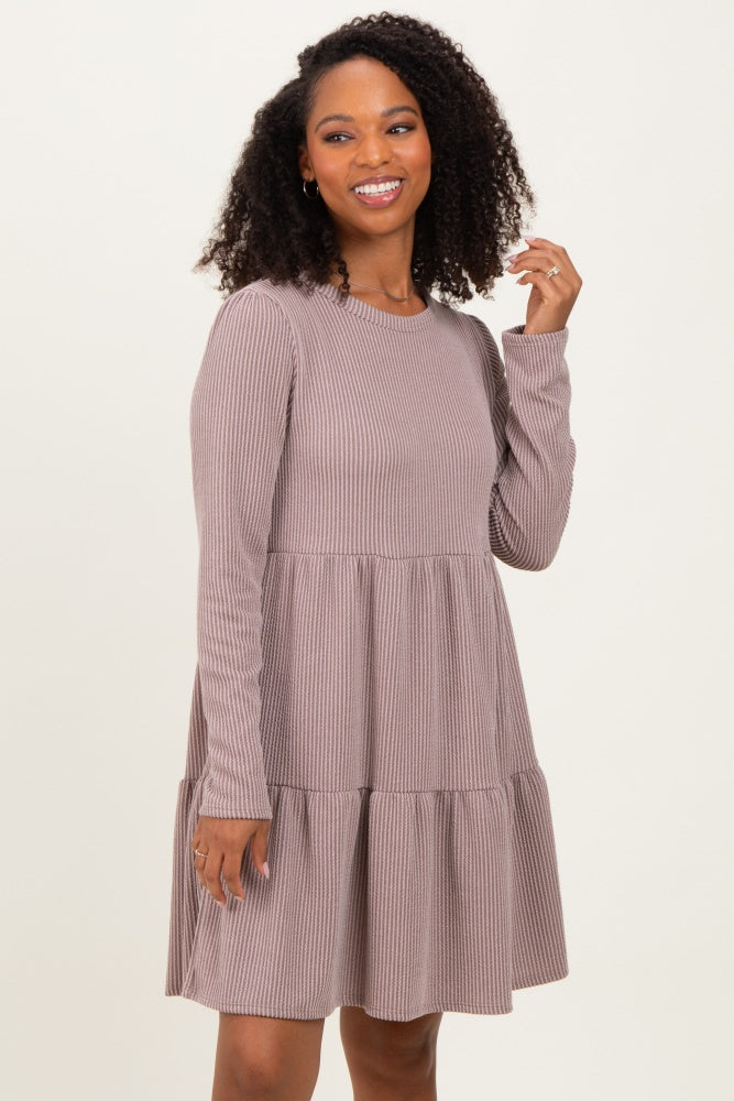 Mauve Textured Rib Tiered Long Sleeve Dress