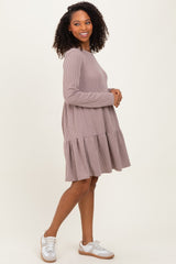 Mauve Textured Rib Tiered Long Sleeve Dress
