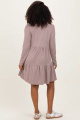 Mauve Textured Rib Tiered Long Sleeve Dress