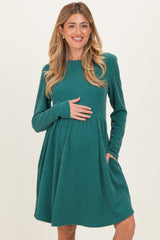 Forest Green Textured Rib Tiered Long Sleeve Maternity Dress