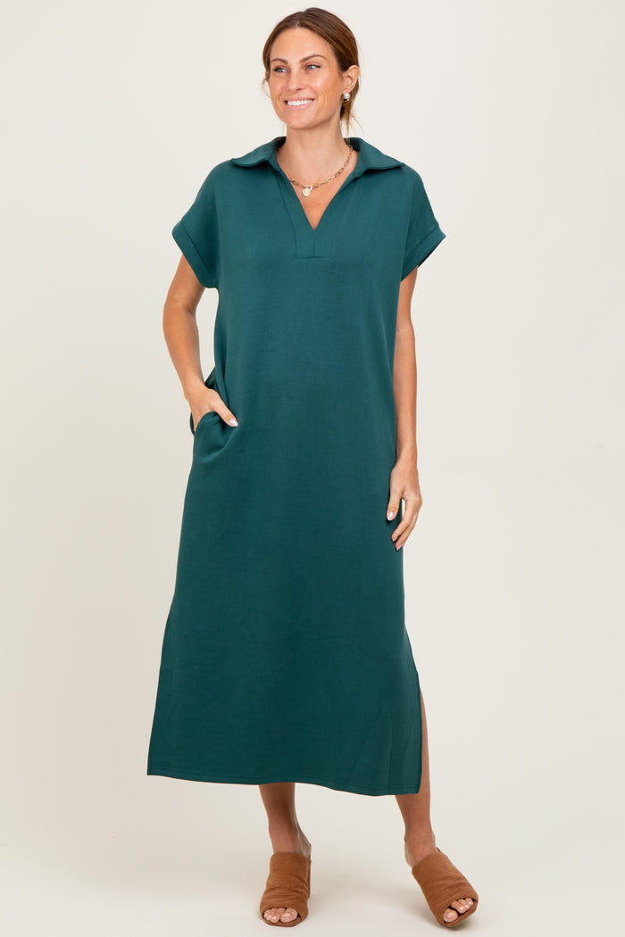 Forest Green Collared Short Sleeve Midi Dress