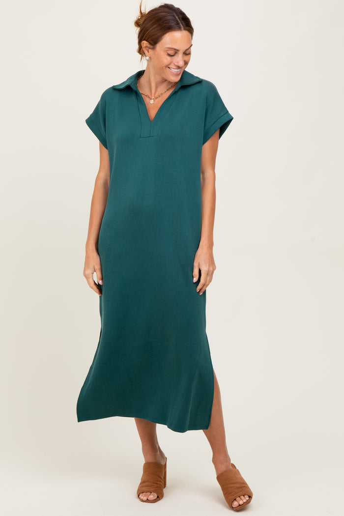 Forest Green Collared Short Sleeve Midi Dress