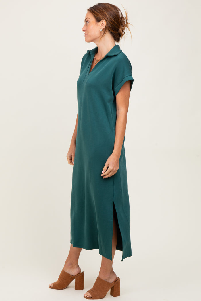 Forest Green Collared Short Sleeve Midi Dress
