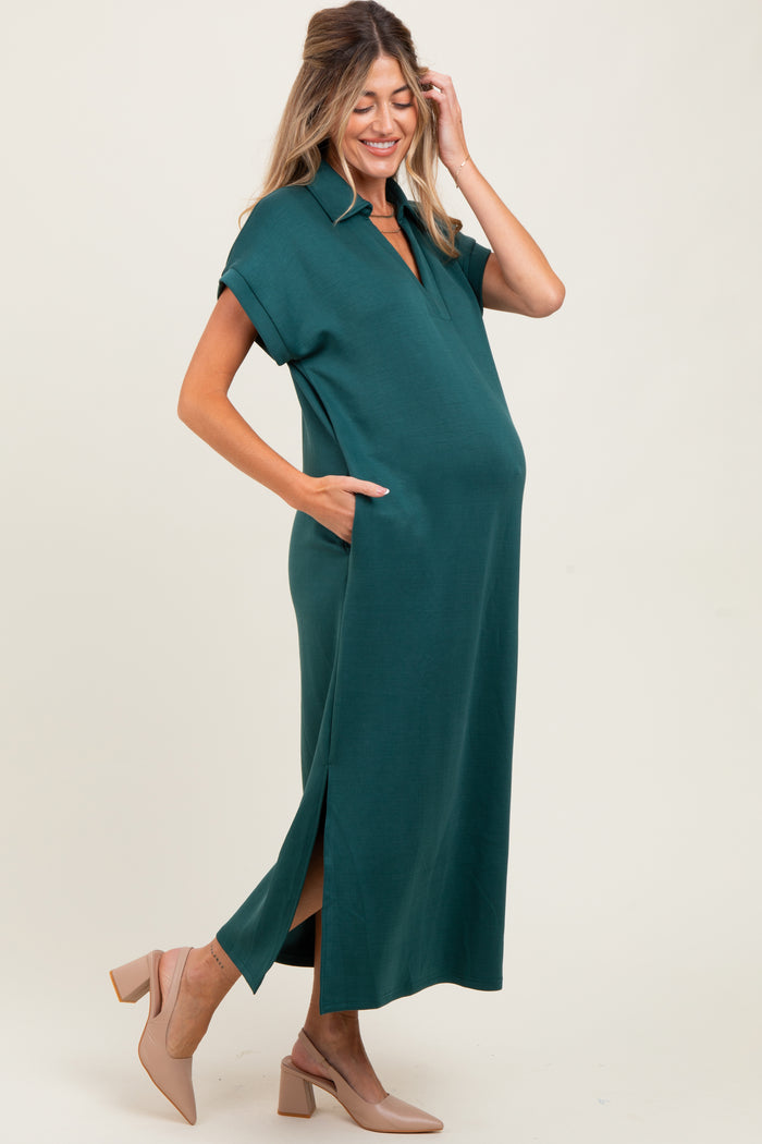 Forest Green Collared Short Sleeve Maternity Midi Dress