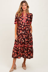Brown Floral Contrast Trim Maternity Midi Dress