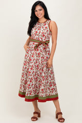 Cream Floral Contrast Trim Sleeveless Maternity Midi Dress