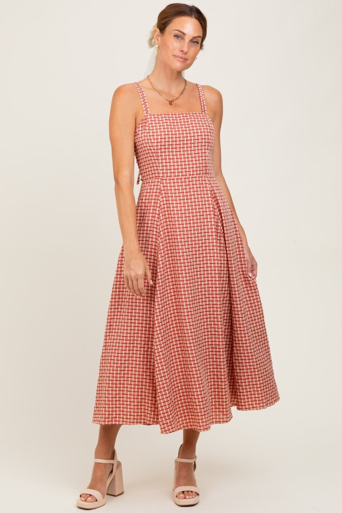 Red Plaid Double Strap Sleeveless Midi Dress