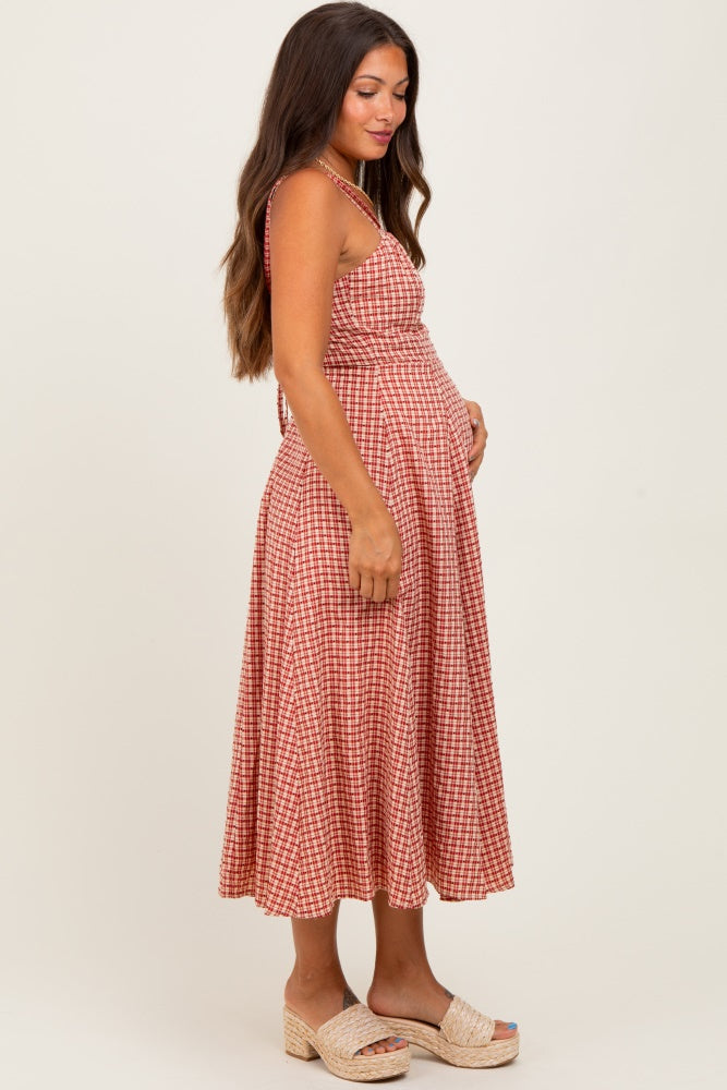 Red Plaid Double Strap Sleeveless Maternity Midi Dress