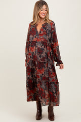 Beige Floral Chiffon Ruffle Tiered Maternity Midi Dress