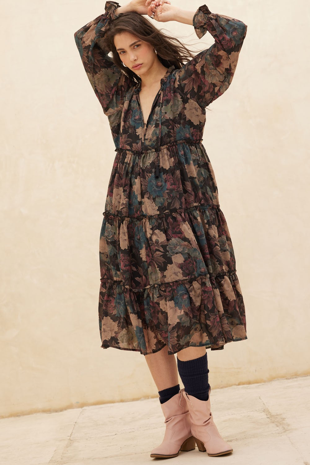 Black Floral Chiffon Ruffle Tiered Midi Dress