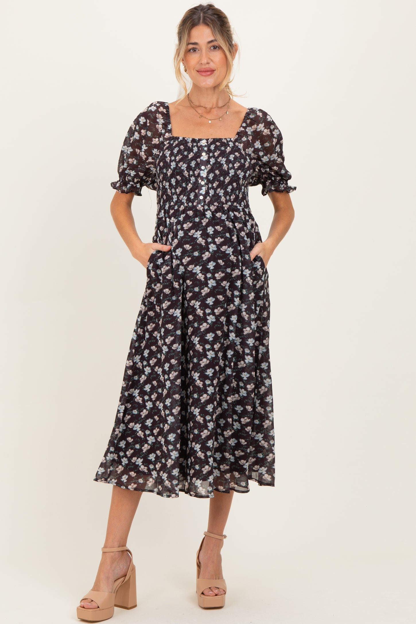 Brown Floral Smocked Puff Sleeve Maternity Midi Dress