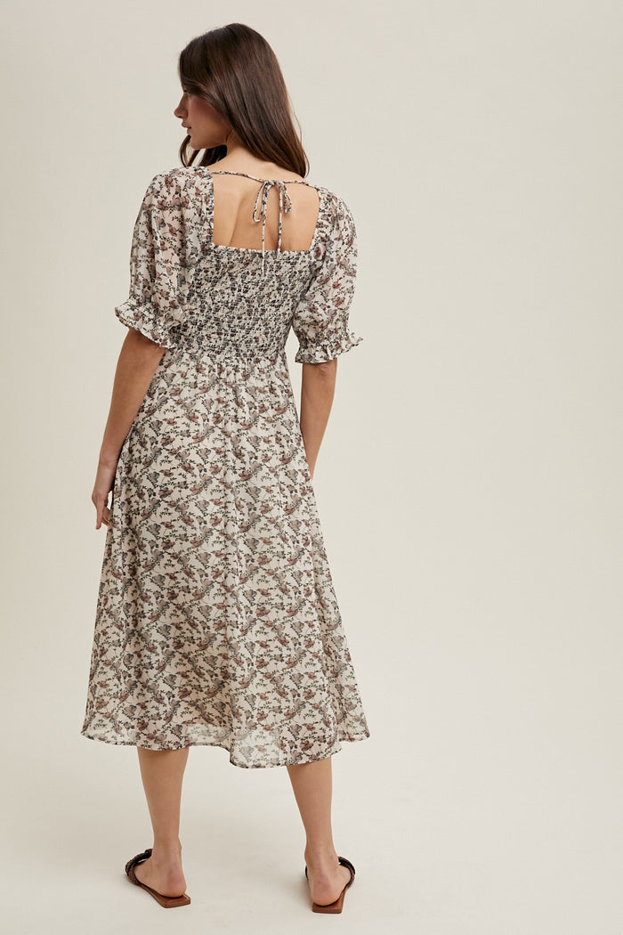 Cream Floral Smocked Puff Sleeve Midi Dress