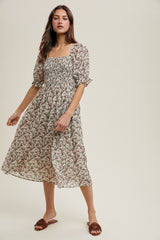 Cream Floral Smocked Puff Sleeve Midi Dress