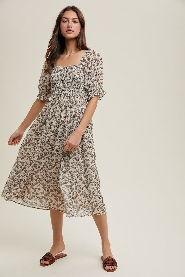 Cream Floral Smocked Puff Sleeve Midi Dress