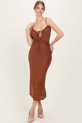 Brown Lace Cutout Tie Front Maxi Dress