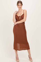 Brown Lace Cutout Tie Front Maxi Dress