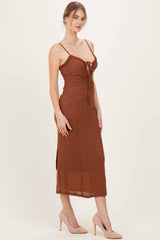 Brown Lace Cutout Tie Front Maxi Dress