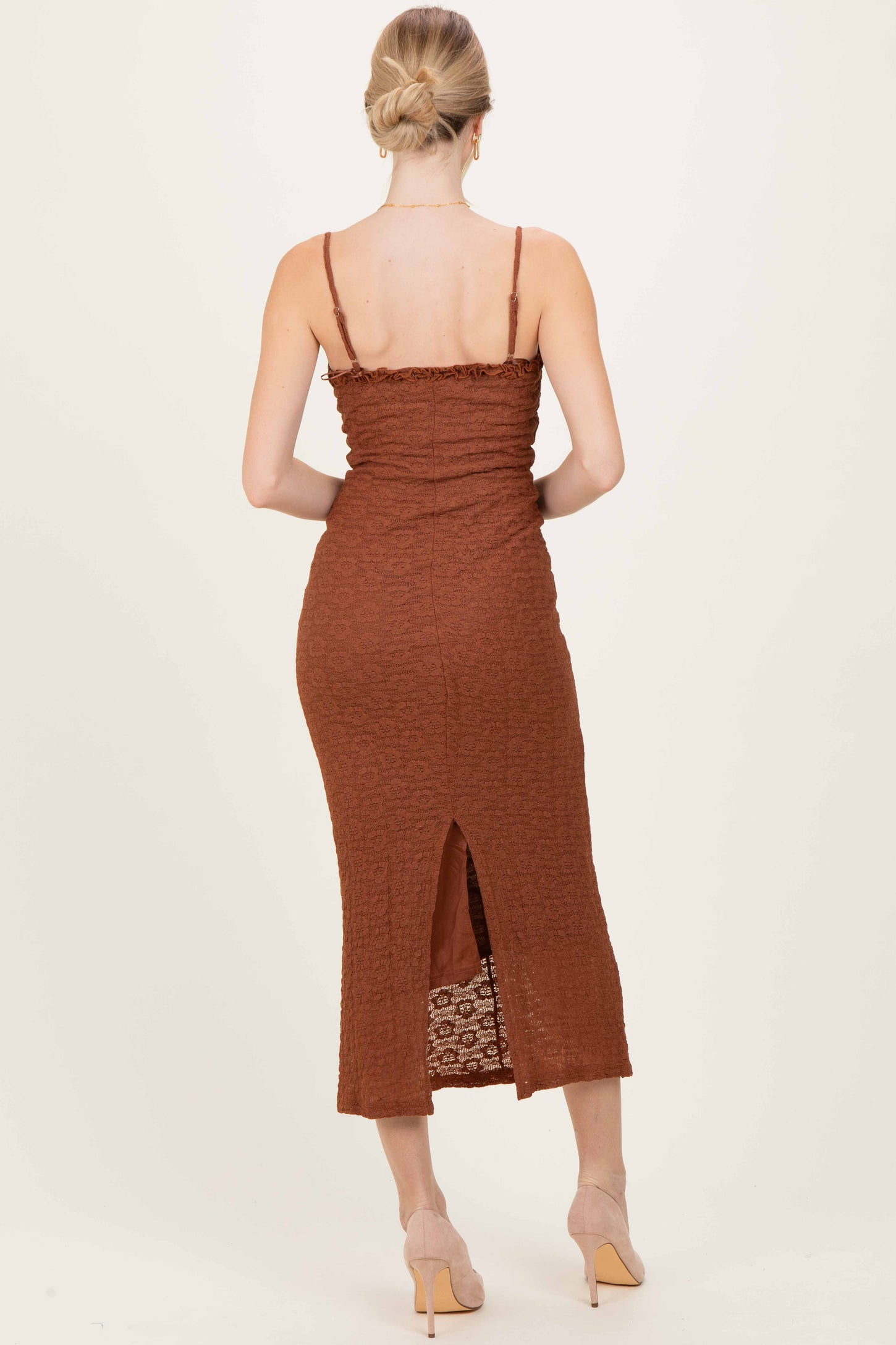 Brown Lace Cutout Tie Front Maxi Dress