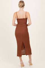 Brown Lace Cutout Tie Front Maxi Dress