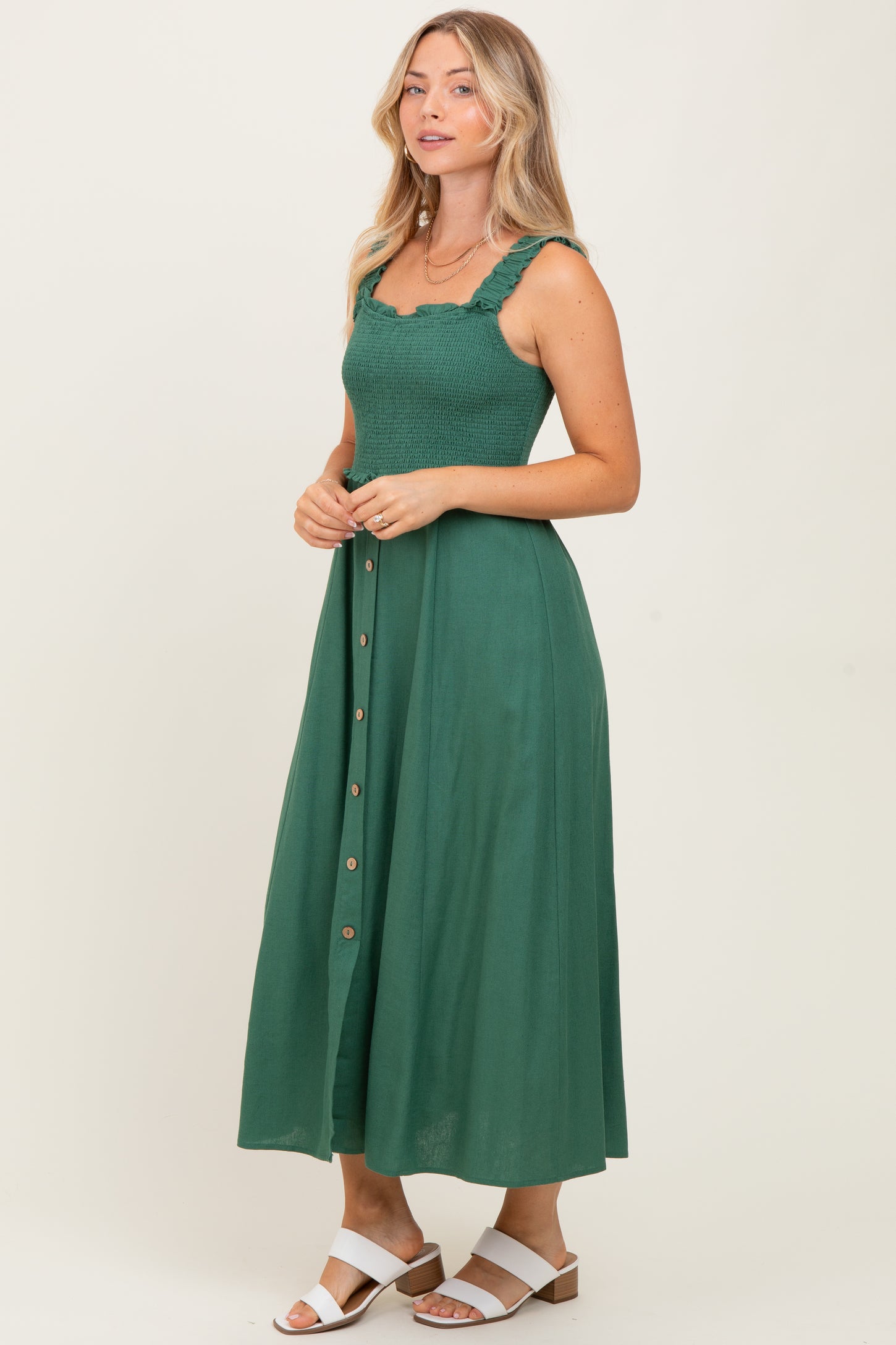 Green Smocked Sleeveless Button Down Midi Dress