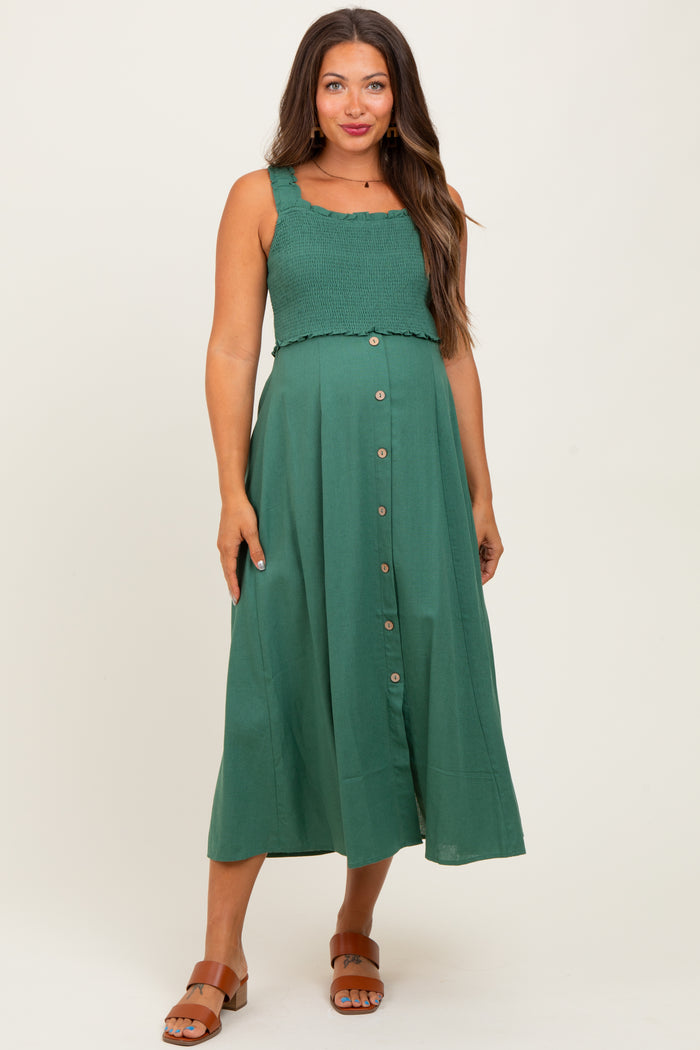 Green Smocked Sleeveless Button Down Maternity Midi Dress
