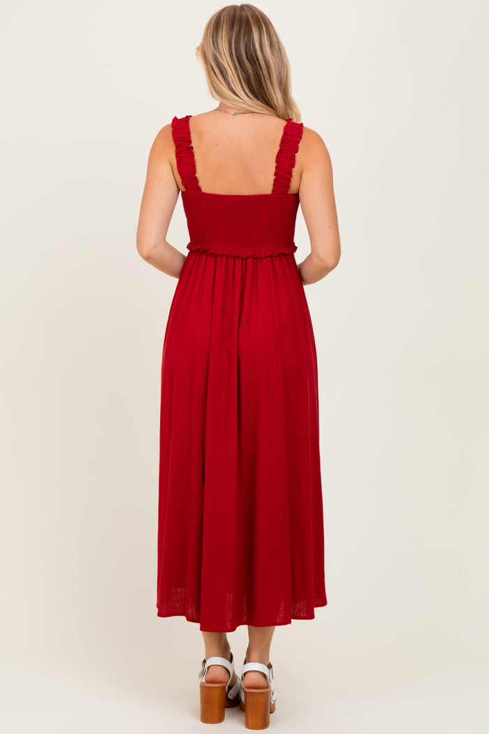 Burgundy Smocked Sleeveless Button Down Midi Dress