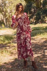 Burgundy Floral Smocked 3/4 Sleeve Maternity Midi Dress