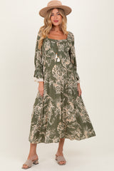 Olive Floral Smocked 3/4 Sleeve Maternity Midi Dress