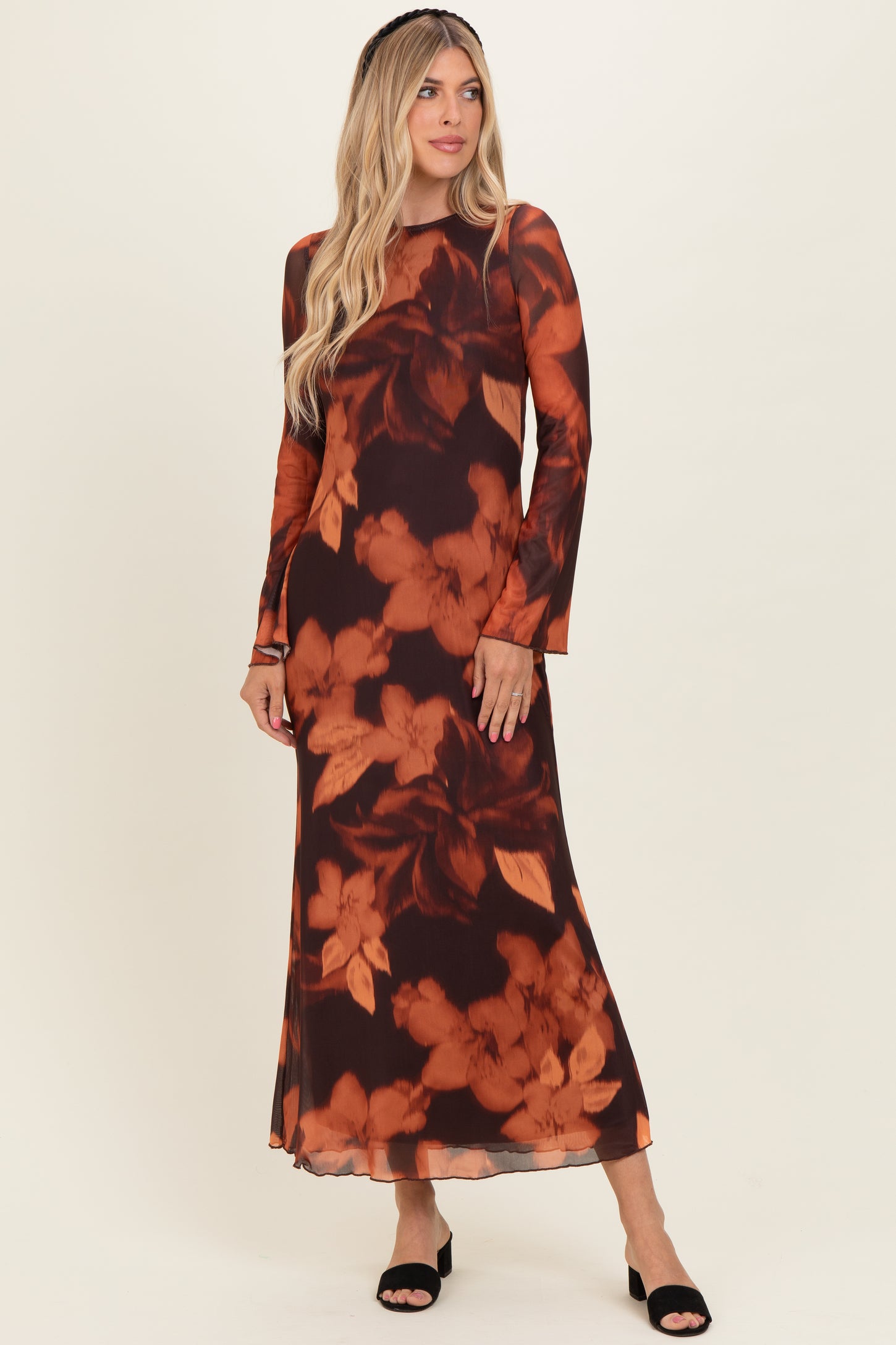 Burgundy Flora Mesh Overlay Maternity Maxi Dress