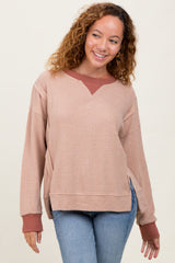 Mocha Oversized Contrast Trim Thermal Pullover