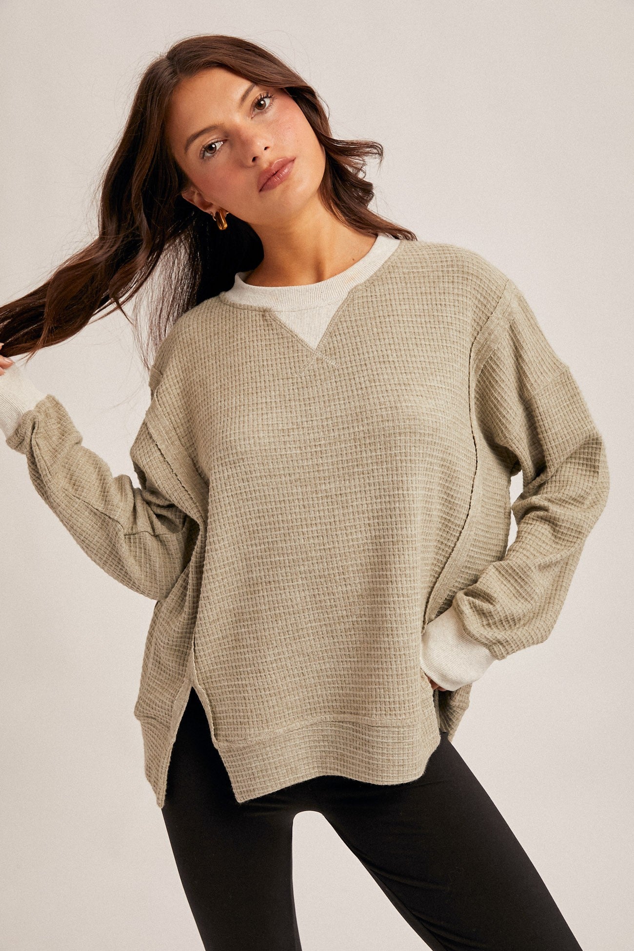 Light Olive Oversized Contrast Trim Maternity Thermal Pullover