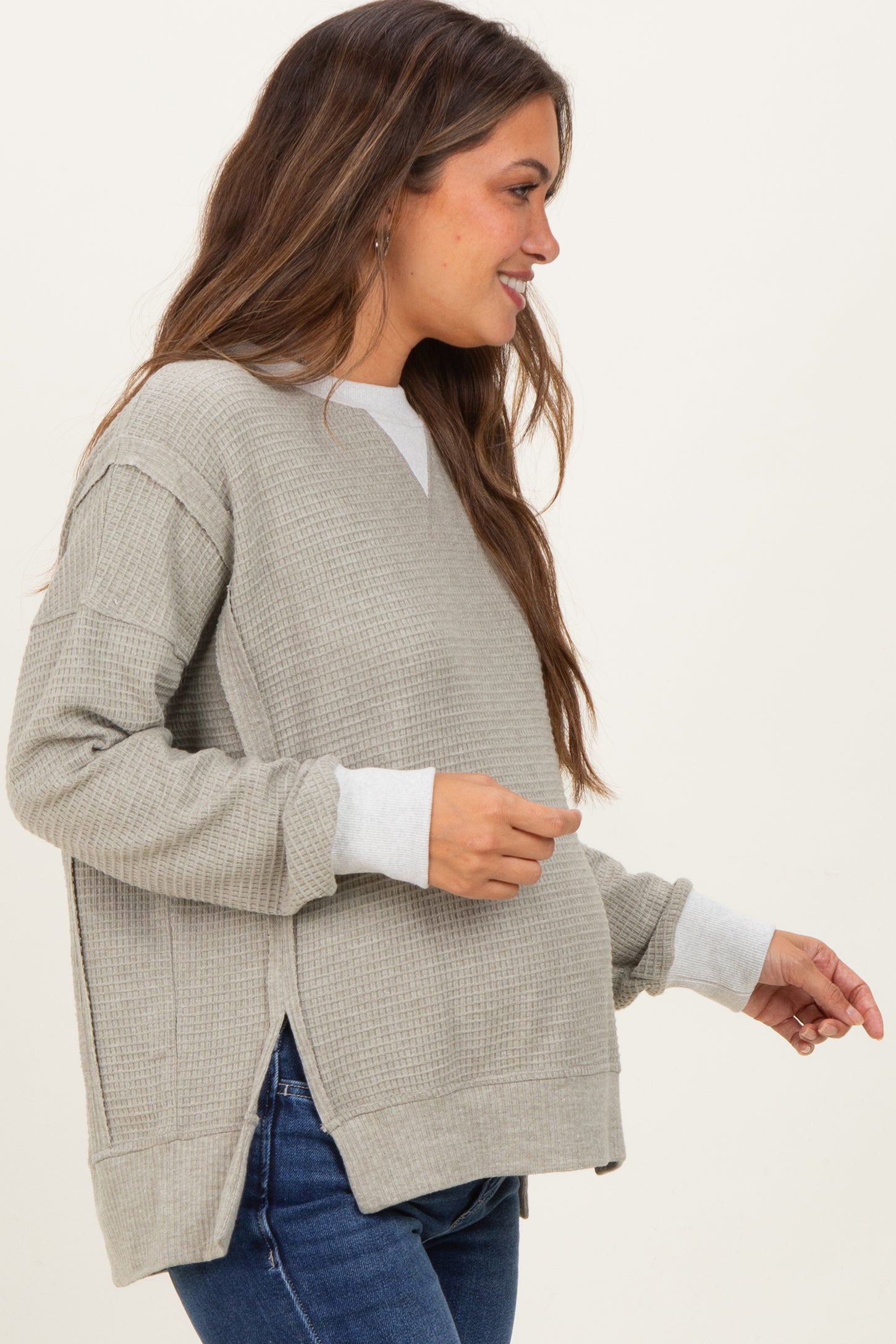 Light Olive Oversized Contrast Trim Maternity Thermal Pullover