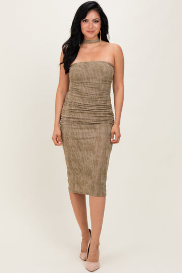 Olive Brushed Print Ruched Midi Dress