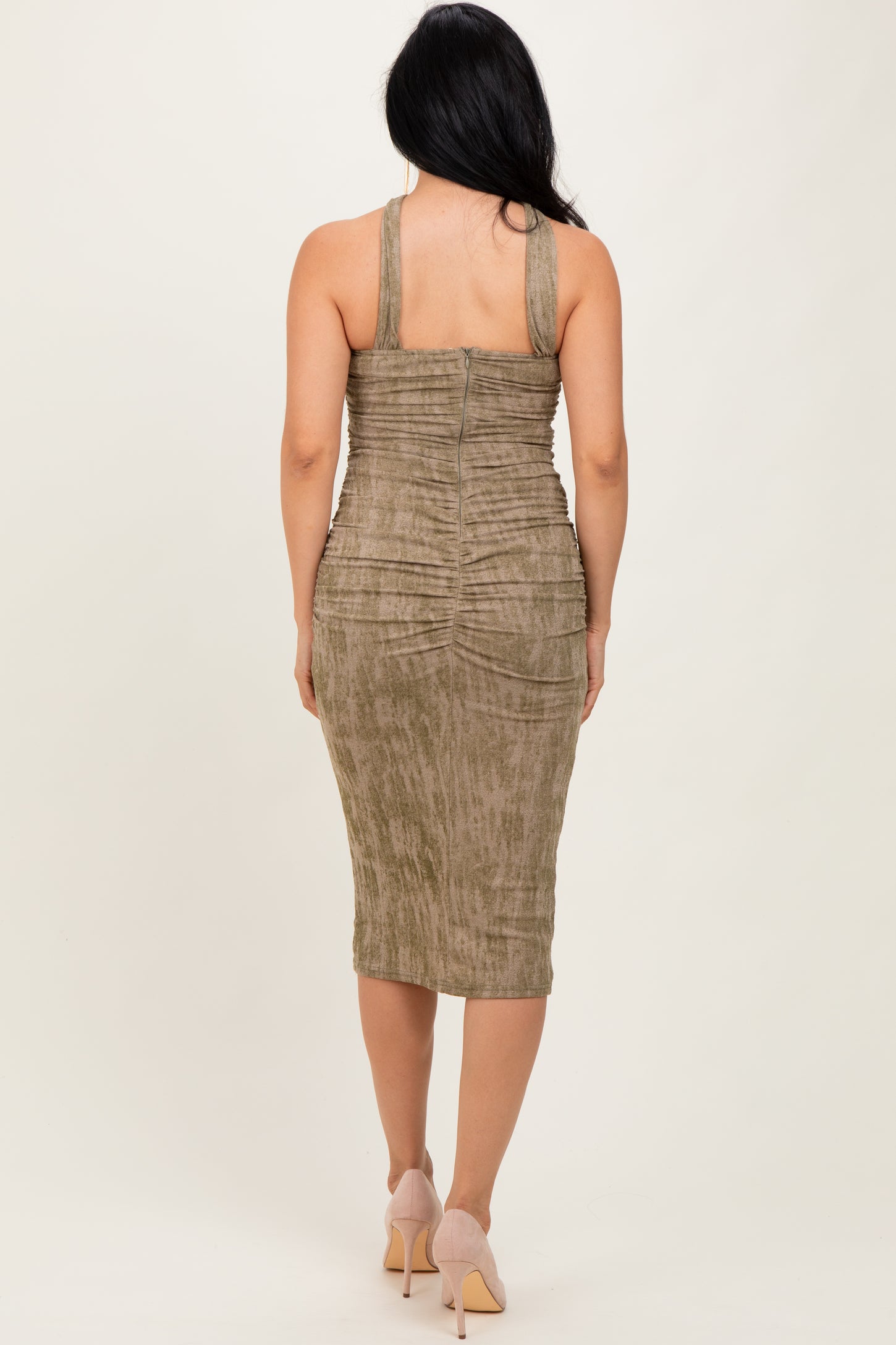 Olive Brushed Print Ruched Midi Dress