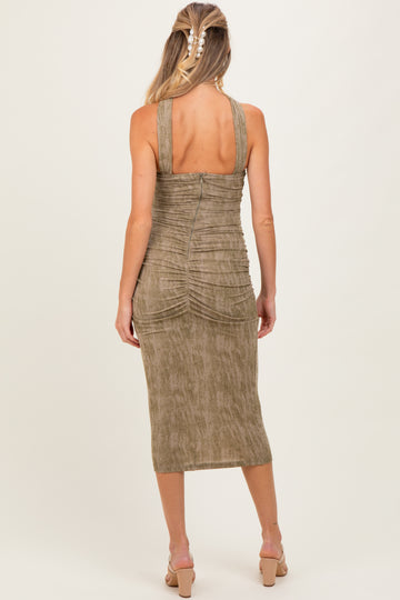 Olive Brushed Print Ruched Maternity Midi Dress