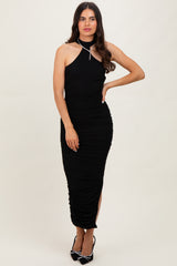 Black Mesh Draped Scarf Ruched Maternity Midi Dress