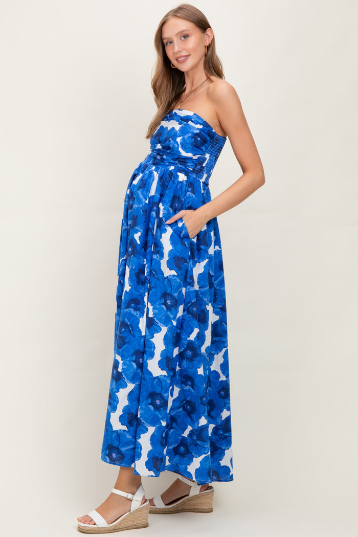 Royal Blue Floral Strapless Maternity Maxi Dress