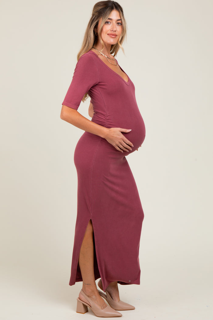 Mauve Ruched Short Sleeve Side Slit Maternity Midi Dress