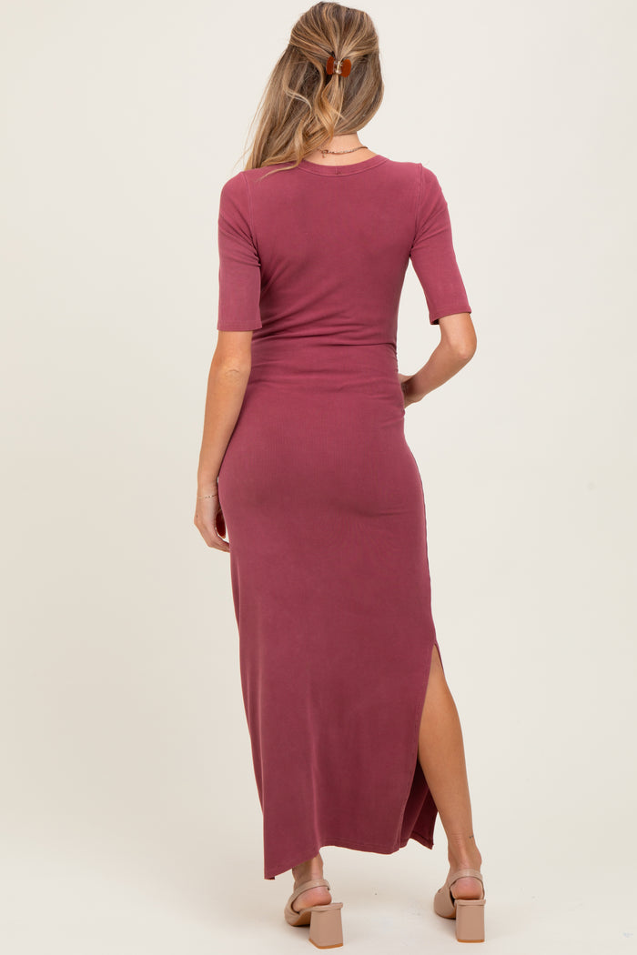 Mauve Ruched Short Sleeve Side Slit Maternity Midi Dress