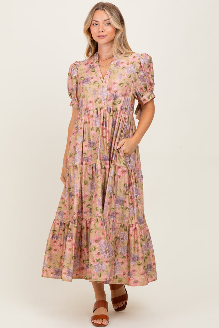 Camel Floral Tiered Puff Sleeve Midi Dress